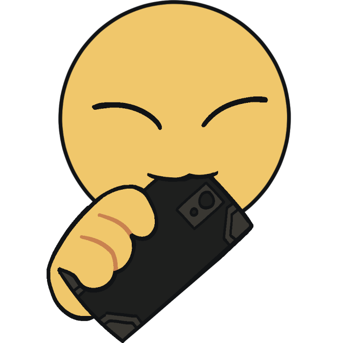 an emoji yellow person with closed eyes chewing a phone with a black case.